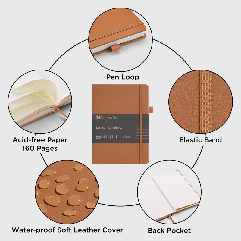 ⩓ Per Se Lined Journal Notebook، 160 صفحة، A5 5.7 × 8 بوصة مجلات ورقية سميكة مسطرة بالكلية للكتابة، دفاتر ملاحظات ذات غلاف فني للنساء والرجال والمدرسة (عبوة واحدة، بني فاتح) - Image 5